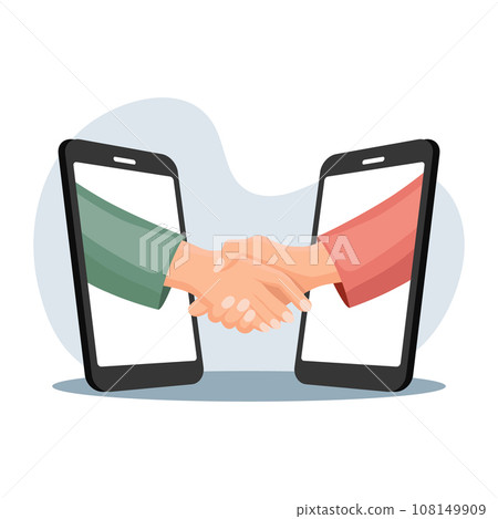 Business people shaking hands on smartphones. Business concept. Banner template. Vector. Business people shaking hands on smartphones. Business concept. Banner template. Vector. 108149909