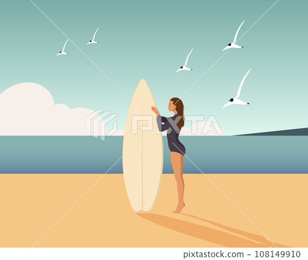 Girl surfer on the seashore with a surfboard on the seashore. Sports and recreation. Illustration, vector 108149910