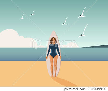 Girl surfer on the seashore with a surfboard on the seashore. Sports and recreation. Illustration, vector Girl surfer on the seashore with a surfboard on the seashore. Sports and recreation. Illustration, vector 108149911