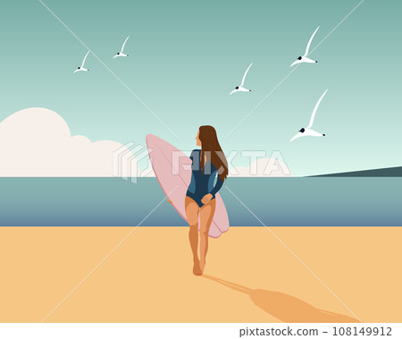 Girl surfer on the seashore with a surfboard on the seashore. Sports and recreation. Illustration, vector 108149912