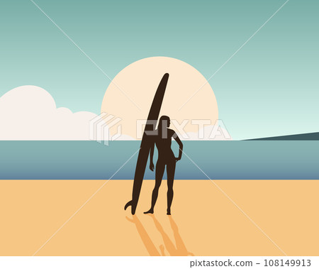Girl surfer on the seashore with a surfboard on the seashore. Sports and recreation. Illustration, vector Girl surfer on the seashore with a surfboard on the seashore. Sports and recreation. Illustration, vector 108149913