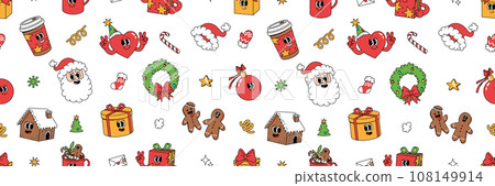 Merry Christmas groovy funny cartoon seamless pattern. Santa Claus, Christmas tree, coffee and ball in trendy funky retro cartoon style. Greeting background, wrapping paper, textile, wallpaper. Merry Christmas groovy funny cartoon seamless pattern. Santa Claus, Christmas tree, coffee and ball in trendy funky retro cartoon style. Greeting background, wrapping paper, textile, wallpaper. 108149914