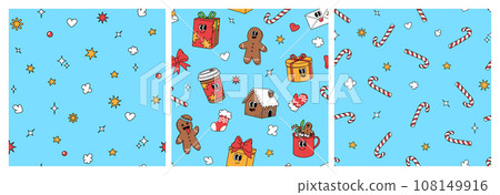 Merry Christmas groovy funny cartoon seamless pattern. Santa Claus, Christmas tree, coffee and ball in trendy funky retro cartoon style. Greeting background, wrapping paper, textile, wallpaper. 108149916