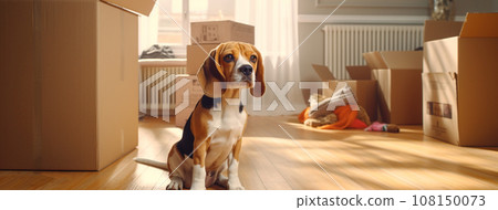 AI-generated content. Beagle dog sits near boxes, moving to a new home, packing, online shopping AI-generated content. Beagle dog sits near boxes, moving to a new home, packing, online shopping 108150073