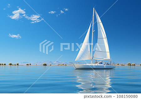 AI-generated content. Sailboat in the sea with mountains background, luxury summer adventure 108150080