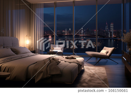 AI-generated content. Luxury apartment bedroom with panoramic view of night city from the window. 108150081