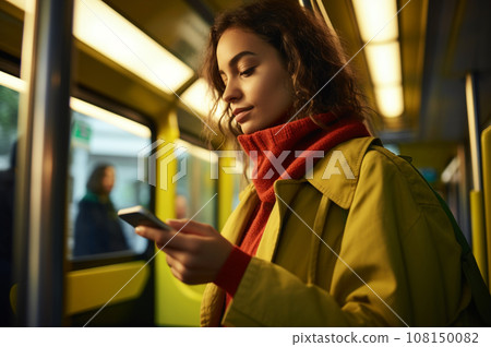 AI-generated content. woman pays by phone for the public transport in the tram or subway 108150082