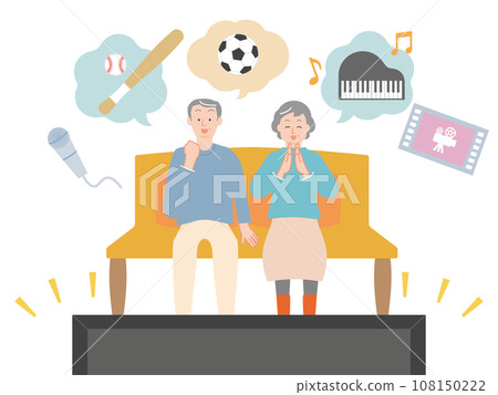 A senior couple enjoying various programs such as sports, music, and movies on a large-screen TV. A senior couple enjoying various programs such as sports, music, and movies on a large-screen TV. 108150222