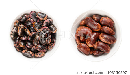 Scarlet Runner beans, dried and boiled, in white bowls. Raw and cooked runner beans, seeds of Phaseolus coccineus, also known as multiflora or butter bean. In Austria they are called beetle-bean. Scarlet Runner beans, dried and boiled, in white bowls. Raw and cooked runner beans, seeds of Phaseolus coccineus, also known as multiflora or butter bean. In Austria they are called beetle-bean. 108150297