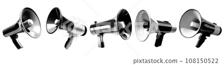 Halftone collage dotted cutouts of megaphones. Pop art dots loudspeaker, sale icon. Vector illustration, grunge y2k punk crazy art loud speak horns conceptual elements for poster, banner 108150522