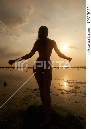 silhouette of girl on the beach at sunset silhouette of girl on the beach at sunset 108150854