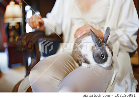 Without a face. Cute rabbit in the hands of a girl in silk pajamas. 108150981