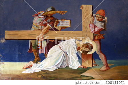 7th Stations of the Cross, Jesus falls the second time, Church of St. Aloysius in in Travnik, Bosnia and Herzegovina 108151051