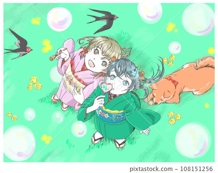 燕子、日式服裝的女孩和肥皂泡 108151256