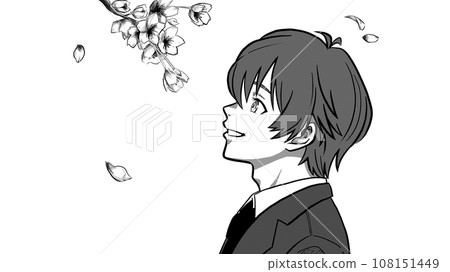 看櫻花的男學生側影，櫻花（單色） 108151449
