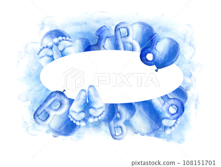 Newborn, gender reveal, birthday party It is a Boy baby circle frame Air ballon with blue splashes letter B, footprint, male Mars sign. Watercolor hand drawn illustrations isolated on white background Newborn, gender reveal, birthday party It is a Boy baby circle frame Air ballon with blue splashes letter B, footprint, male Mars sign. Watercolor hand drawn illustrations isolated on white background 108151701