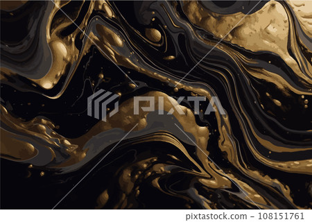 Black and gold marble abstract background. Decorative acrylic paint pouring rock marble texture. Horizontal Black and gold wavy abstract pattern. Black and gold marble abstract background. Decorative acrylic paint pouring rock marble texture. Horizontal Black and gold wavy abstract pattern. 108151761
