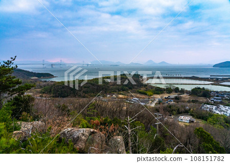 Seto Ohashi Bridge and the main island of Shikoku, Marugame City, Kagawa Prefecture, seen from Mt. Tomiyama Seto Ohashi Bridge and the main island of Shikoku, Marugame City, Kagawa Prefecture, seen from Mt. Tomiyama 108151782