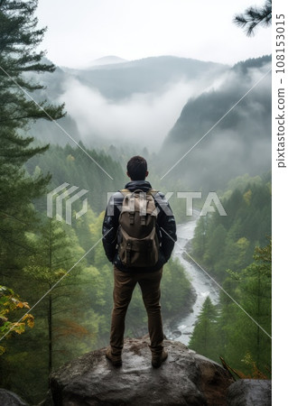 A young couple of hikers walk through the forest in rainy weather. A young couple of hikers walk through the forest in rainy weather. 108153015