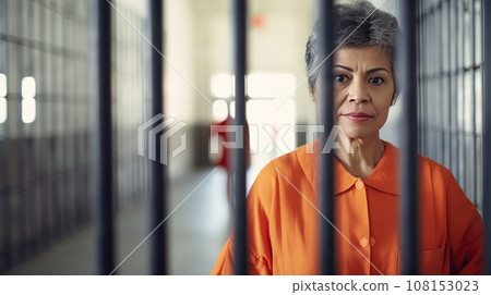 A middle-aged Mexican female prisoner in an orange uniform against a background of metal bars looks at the camera. A middle-aged Mexican female prisoner in an orange uniform against a background of metal bars looks at the camera. 108153023
