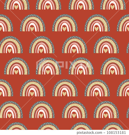 Illustration of a cartoon seamless pattern of rainbows in brown pink color on a brown background Illustration of a cartoon seamless pattern of rainbows in brown pink color on a brown background 108153181