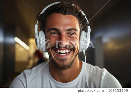Close-up portrait of handsome young man in T-shirt wearing cool white headphones. Mature hipster with stylish haircut and beard listening to music and smiling happily. Blurred dark background. 108153299