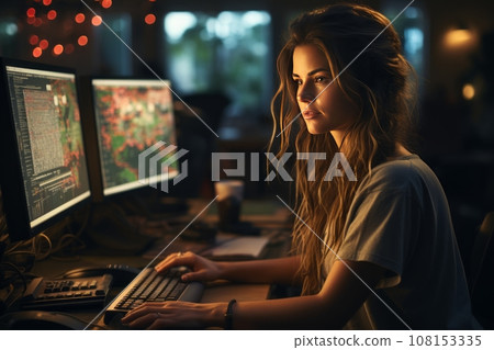 Female IT specialist sits in a dark office and looks at several monitors with her hands on the keyboard. Young girl is engaged in testing websites, debugging programs, expert development, coding. Female IT specialist sits in a dark office and looks at several monitors with her hands on the keyboard. Young girl is engaged in testing websites, debugging programs, expert development, coding. 108153335