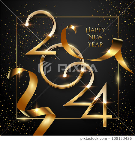 Happy 2024 New Year greeting card vector template. Festive Christmas social media banner design with congratulations. Golden 2024 numbers in frame with confetti illustration on black background Happy 2024 New Year greeting card vector template. Festive Christmas social media banner design with congratulations. Golden 2024 numbers in frame with confetti illustration on black background 108153426