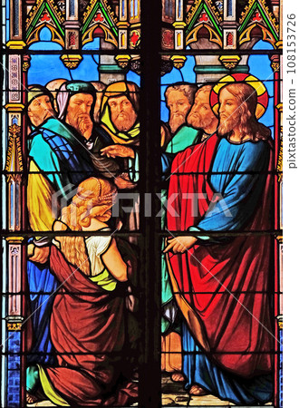 Forgiveness to the adulterous woman, stained glass windows in the Saint Eugene - Saint Cecilia Church, Paris, France 108153726
