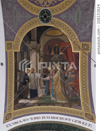 Saint Nicholas, fresco painting in parish church of St. Nicholas in Bad Ischl, Austria 108153824