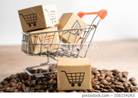 Box with shopping cart logo symbol on coffee beans, Import Export Shopping online or eCommerce delivery service store product shipping, trade, supplier concept. 108154263