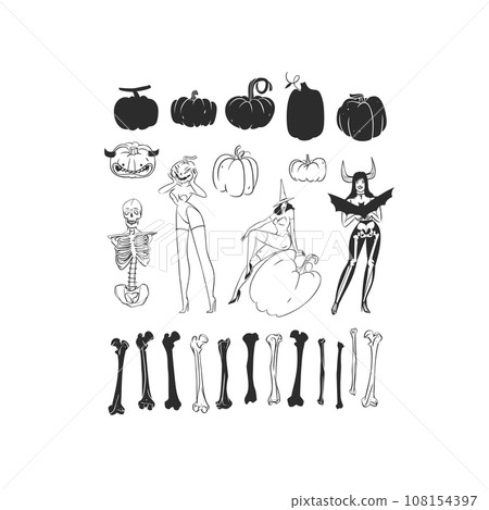 Hand drawn vector abstract graphic line art and silhouette Halloween big set of creepy characters,pumpkins,skull and bones isolated.Halloween outline scary graphic design concept decoration icons. 108154397