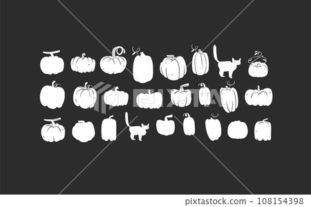 Hand drawn vector abstract graphic,white silhouette autumn vegetable,harvest thanksgiving and Halloween pumpkin set isolated.Halloween outline autumn vegetable harvest design concept.Autumn symbol . 108154398