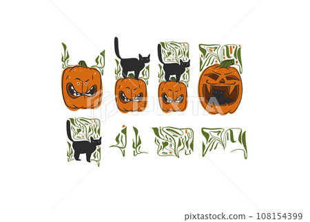 Hand drawn vector abstract graphic,line art Jack O lantern happy Halloween pumpkin face character with cat, isolated. Halloween Character cartoon autumn design concept. Scary horror Halloween icon. 108154399