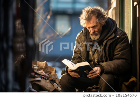 Homeless man reading book in box on street Shabby clothes, unshaven face 108154570
