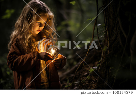 Lost 8 year old girl in a dark forest at night Lost 8 year old girl in a dark forest at night 108154579