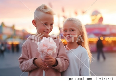 Hairless girl and albino boy happily eat cotton candy in amusement park, Blur of park in background Presunset light adds warmth Hairless girl and albino boy happily eat cotton candy in amusement park, Blur of park in background Presunset light adds warmth 108154581