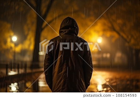 Man in raincoat walks through park at night Autumn rain falls 108154593