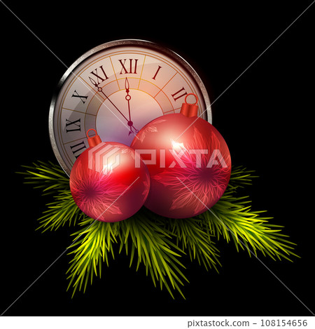 Christmas isolated design element, clock with balls on a black background 108154656