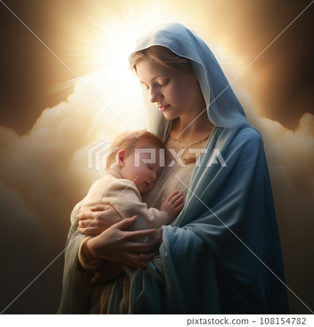 The Virgin Mary holding an infant in her arms, bathed in sunlight The Virgin Mary holding an infant in her arms, bathed in sunlight 108154782