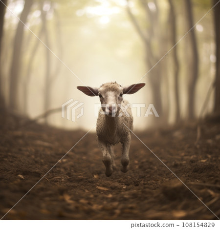 Lamb walks through muddy woods Lamb walks through muddy woods 108154829