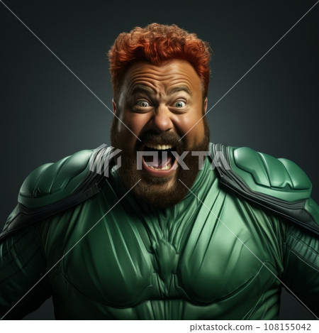 Comic portrait of a fat redhead bearded man in green superhero costume. The funny screaming dude portrays a powerful Irish Superman and ready to defeat any opponent. Black background, copy space. 108155042