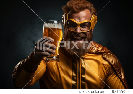 Comic portrait of a fat grey bearded man in yellow superhero costume with a glass of beer. Funny smiling dude portrays the mighty Superman and gives a thumbs up. Isolated on black background. 108155064
