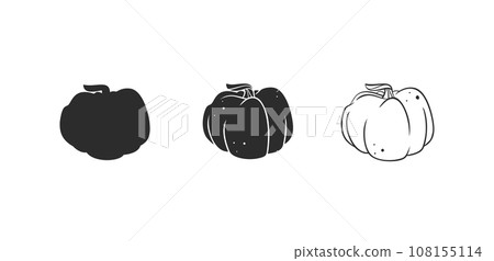 Hand drawn vector abstract graphic,black and white silhouette autumn vegetable,harvest thanksgiving and Halloween pumpkin set.Halloween outline autumn vegetable harvest design concept.Autumn symbol. 108155114