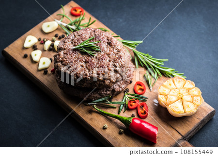 Top view of delicious beef burger Top view of delicious beef burger 108155449