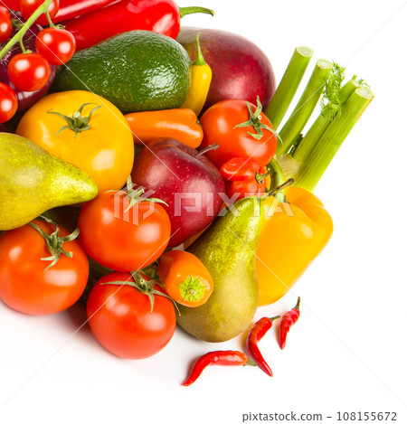 Vegetables and fruits isolated on white. 108155672