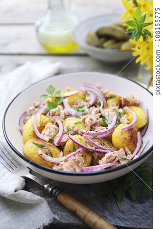 Potato salad with tuna and red onion, olive oil and parsley dressing Potato salad with tuna and red onion, olive oil and parsley dressing 108155775