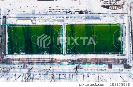 Aerial view of football field at winter 108155928