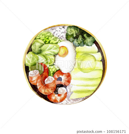 Watercolor koren traditional poke illustration. Asian food, rice bowl with avocado, shrimps, egg, broccoli and spinach. Chinese cooking ingredients in plate. Isolated for menu, restaurant design 108156171