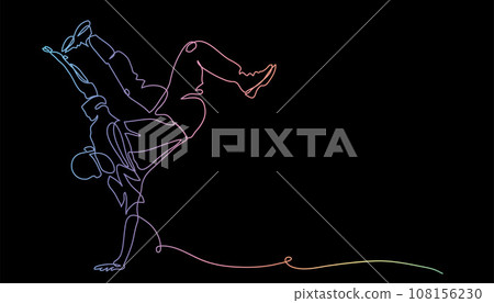Breakdance, street dance vector illustration. One continuous line art drawing of breakdance pose. Colorful image on black background 108156230